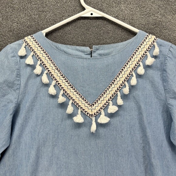 Hayden LA Denim Tunic Top Dress Size S Blue Boho Festival Tapestry Tassel fringe - Picture 3 of 11